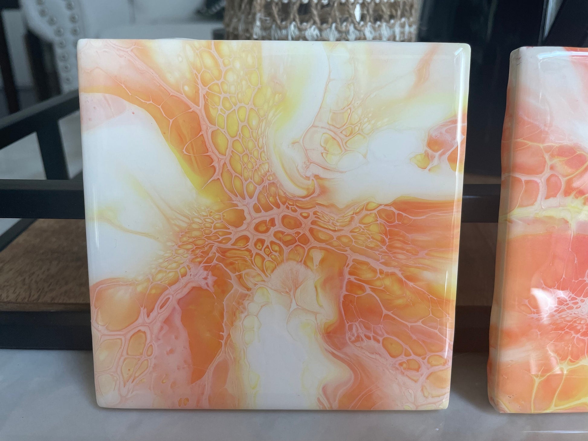 Orange Glossy Ceramic Drink Coaster Set of 4 in Acrylic Pour Abstract Fluid Art, Heat Resistant