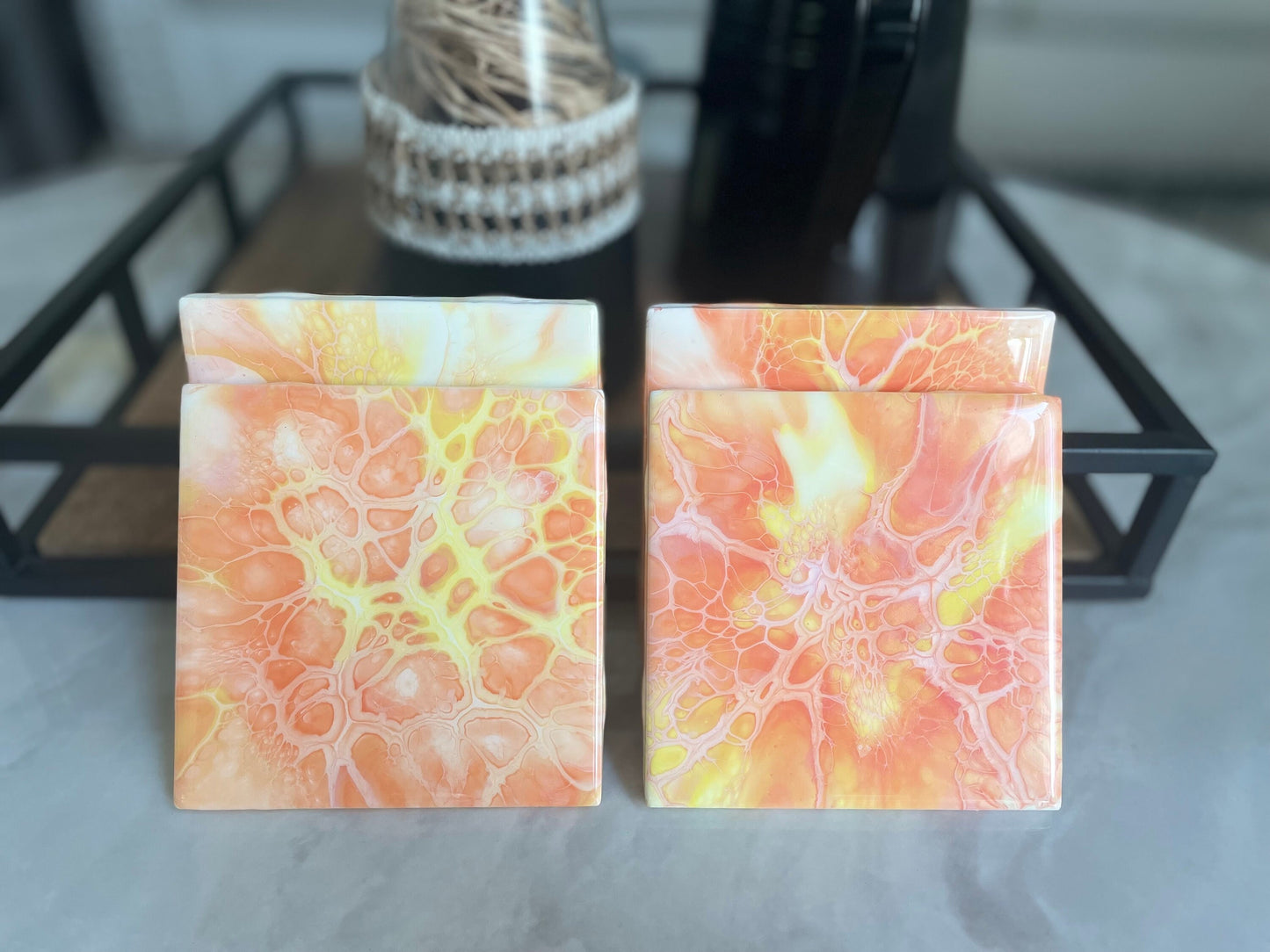 Orange Glossy Ceramic Drink Coaster Set of 4 in Acrylic Pour Abstract Fluid Art, Heat Resistant