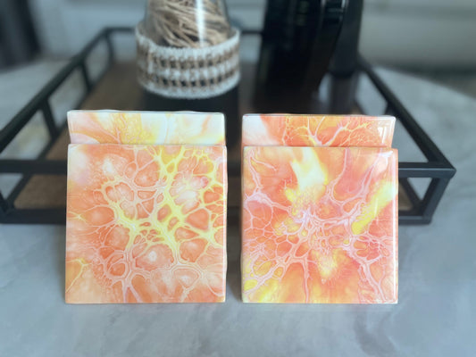 Orange Glossy Ceramic Drink Coaster Set of 4 in Acrylic Pour Abstract Fluid Art, Heat Resistant