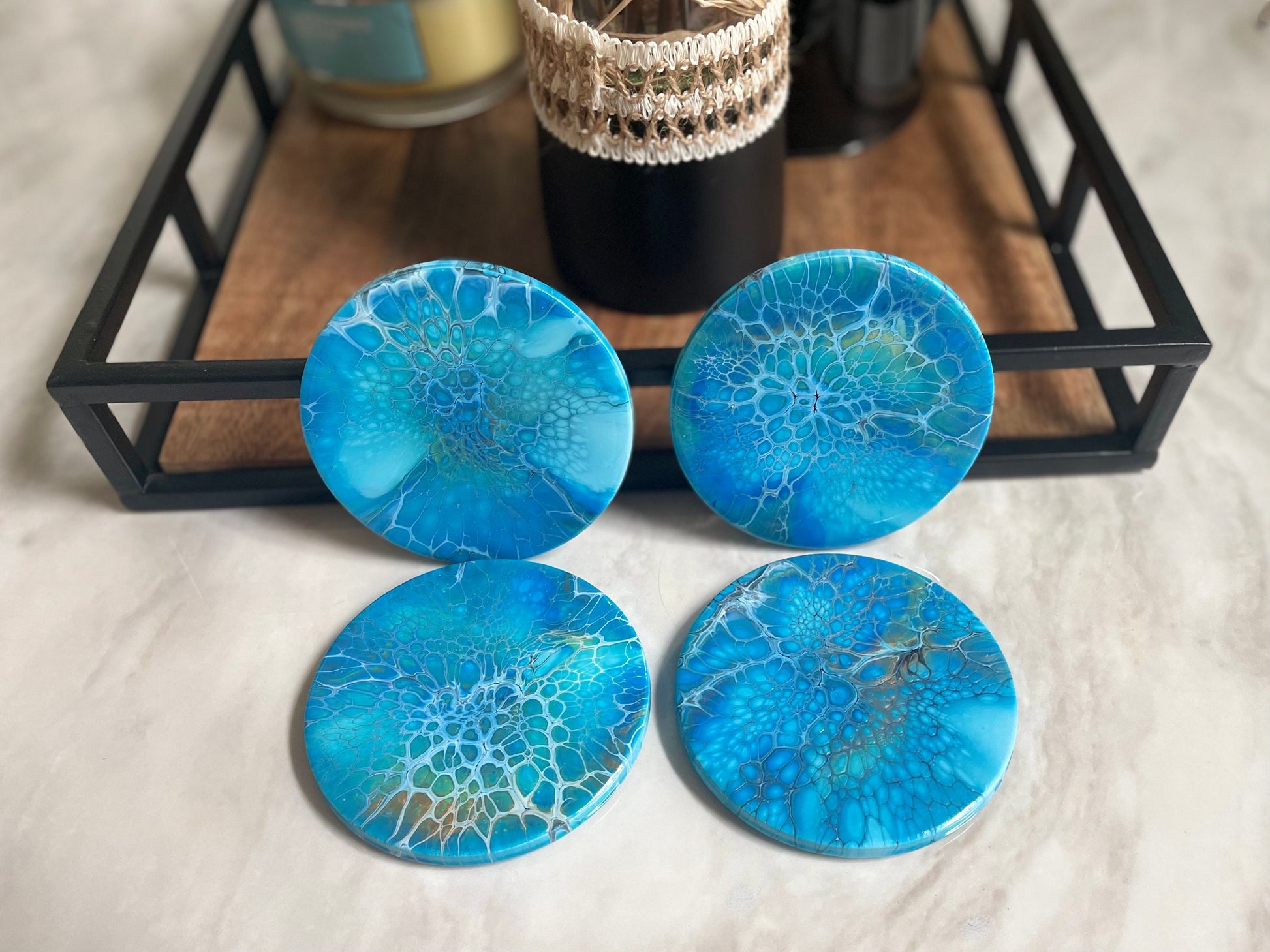 Round Glossy Ceramic Drink Coasters, Acrylic Pour Set of 4 Multi Colored, Heat Resistant