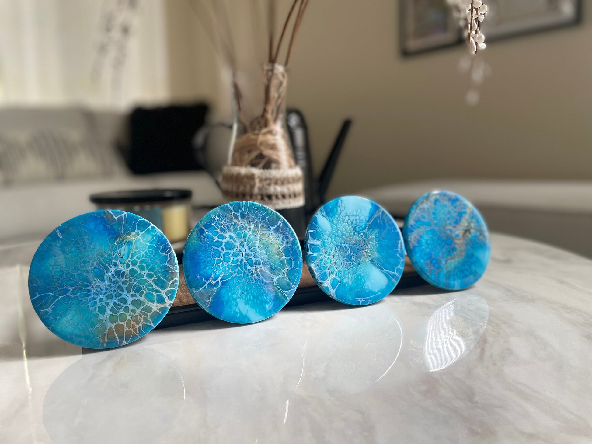 Round Glossy Ceramic Drink Coasters, Acrylic Pour Set of 4 Multi Colored, Heat Resistant