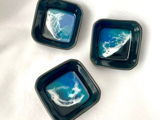 Ocean Wave Ring Dish, Jewelry Dish, Wedding Ring Gift, Anniversary Gift, Gift for Him, Trinket Tray, Black Square Ceramic Small Dish