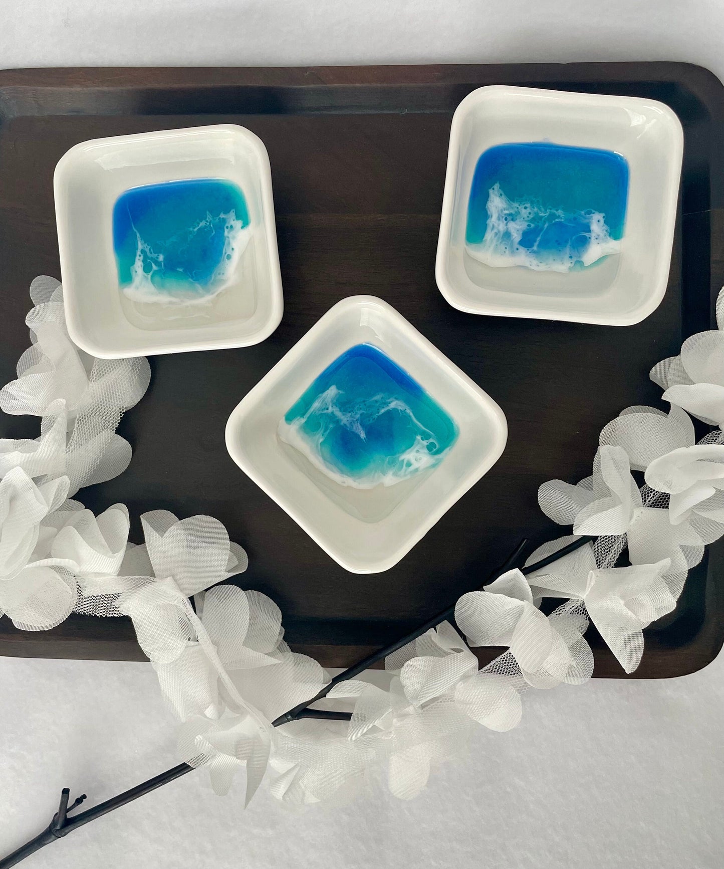 Ocean Wave Ring Dish, Beach Jewelry Dish, Wedding Ring Gift, Anniversary Gift for Her, Coastal Trinket Tray, White Square Ceramic Small Dish