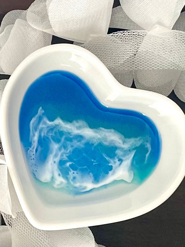 Ocean Wave Ring Dish, Beach Jewelry Dish, Wedding Ring Gift, Anniversary Gift for Her, Coastal Trinket Tray, White Heart Ceramic Small Dish