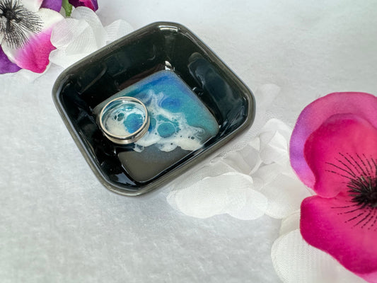 Ocean Wave Ring Dish, Jewelry Dish, Wedding Ring Gift, Anniversary Gift, Gift for Him, Trinket Tray, Black Square Ceramic Small Dish