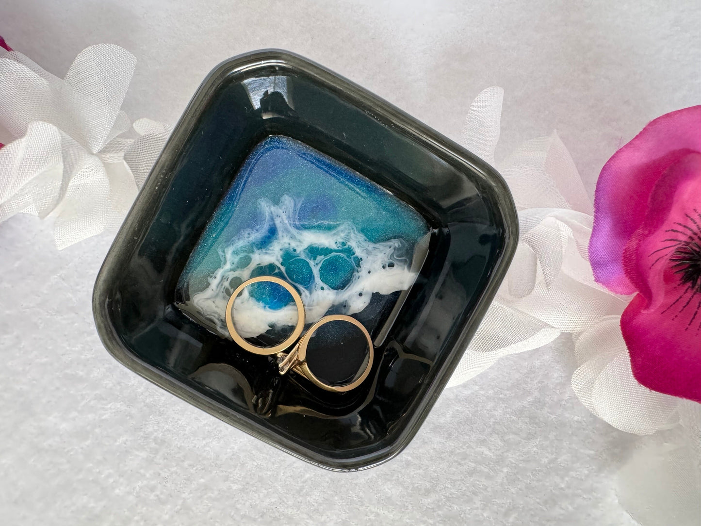 Ocean Wave Ring Dish, Jewelry Dish, Wedding Ring Gift, Anniversary Gift, Gift for Him, Trinket Tray, Black Square Ceramic Small Dish