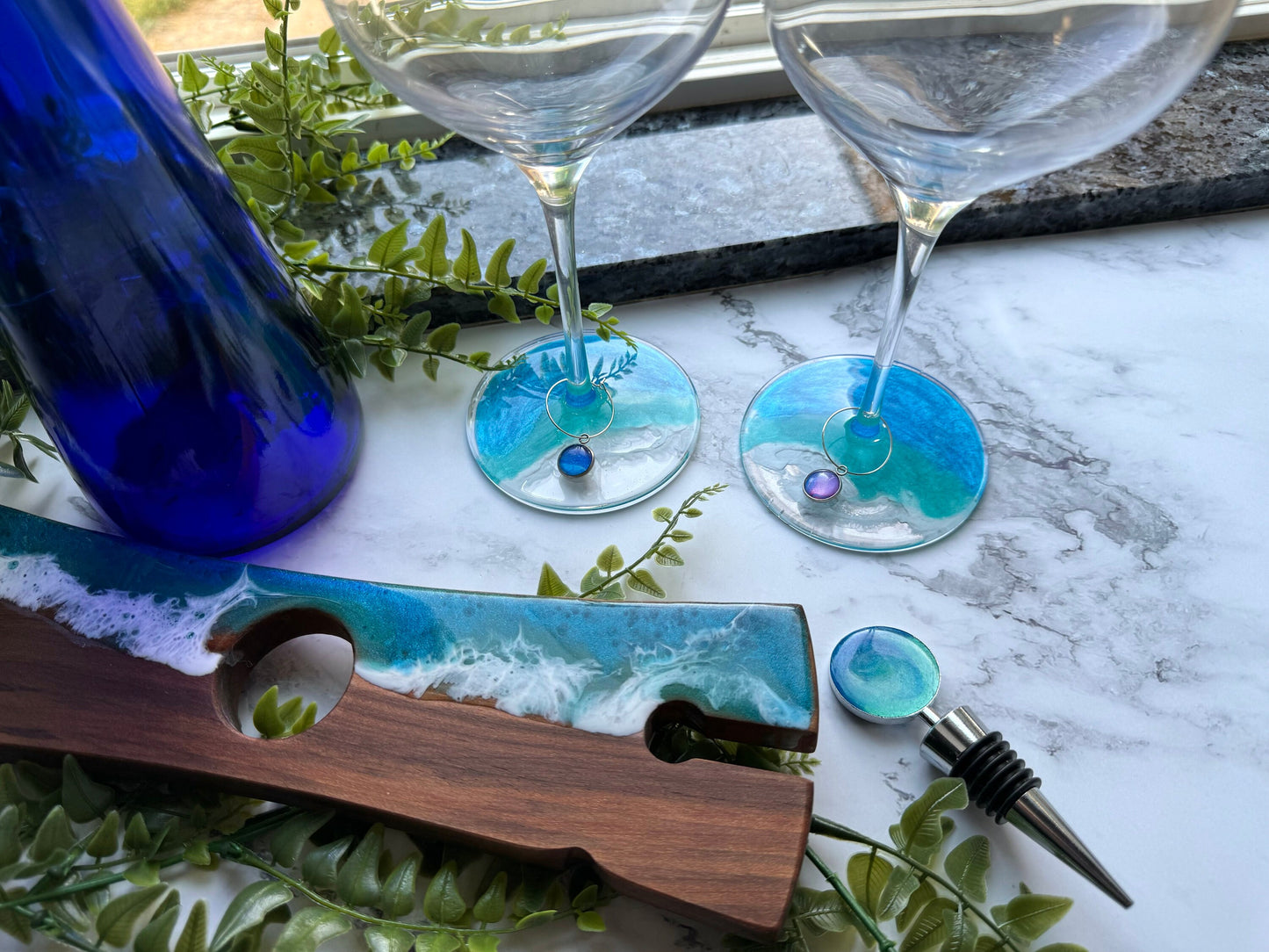 Decorated Wine Glass Gift Set: 2 Resin Ocean Wave Glasses, 1 Wine Bottle Stopper, and 2 Wine Glass Charms make a Beautiful Gift Made to Last