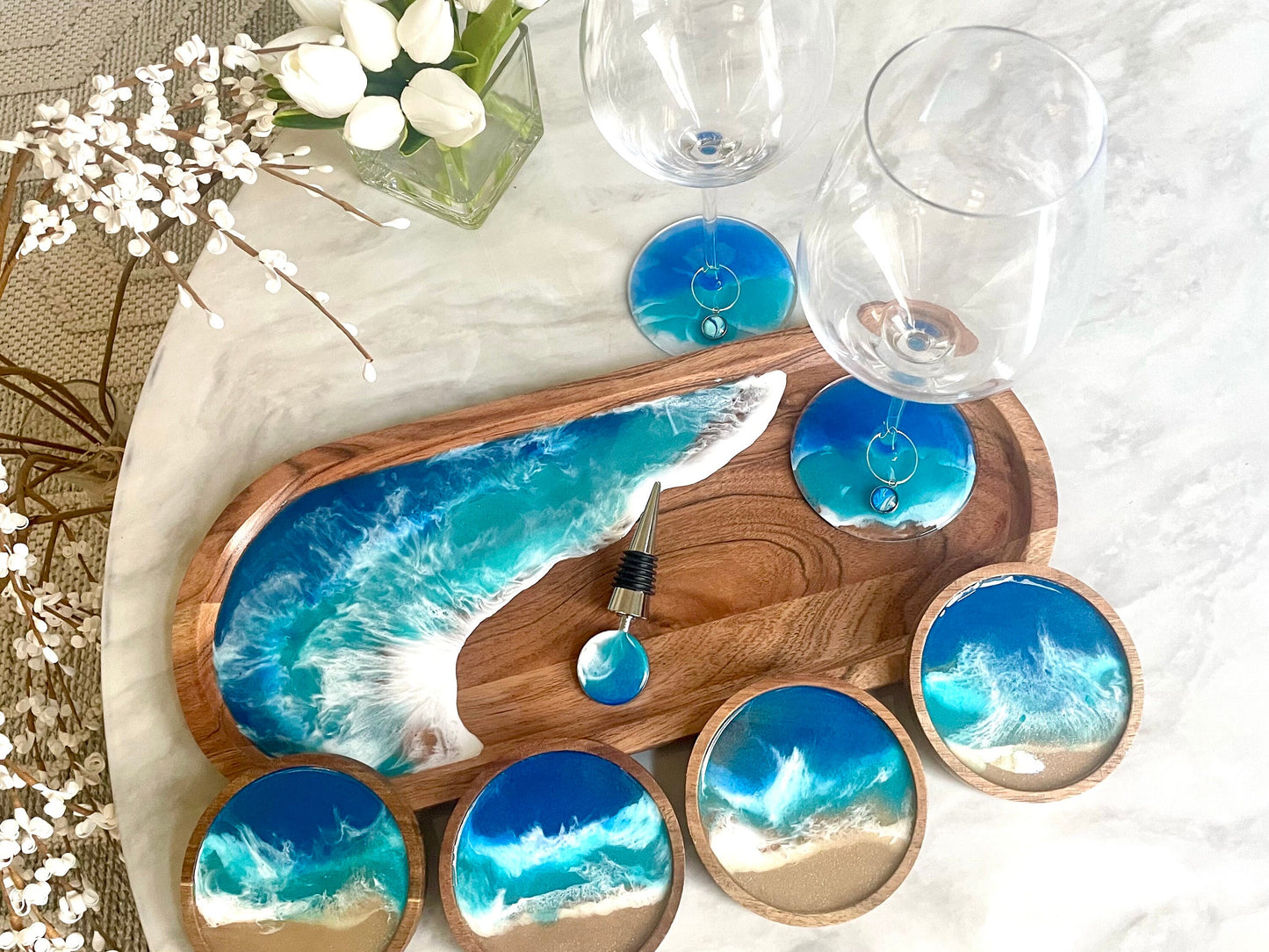 Decorated Wine Glass Gift Set: 2 Resin Ocean Wave Glasses, 1 Wine Bottle Stopper, and 2 Wine Glass Charms make a Beautiful Gift Made to Last