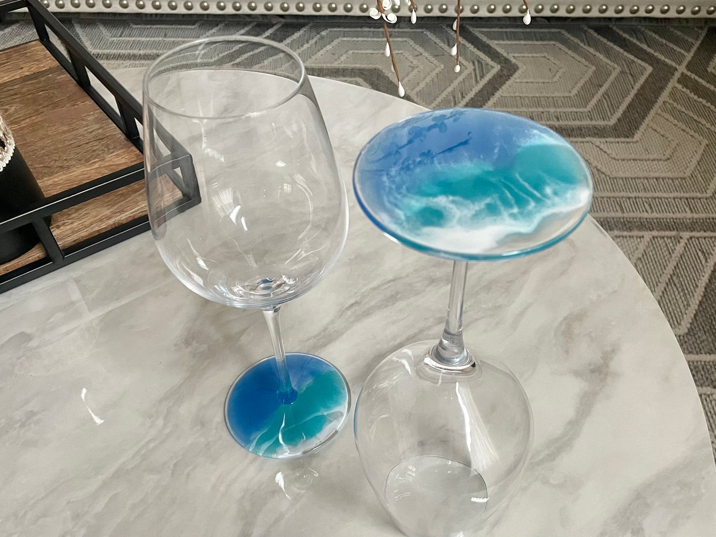 Decorated Wine Glass Gift Set: 2 Resin Ocean Wave Glasses, 1 Wine Bottle Stopper, and 2 Wine Glass Charms make a Beautiful Gift Made to Last