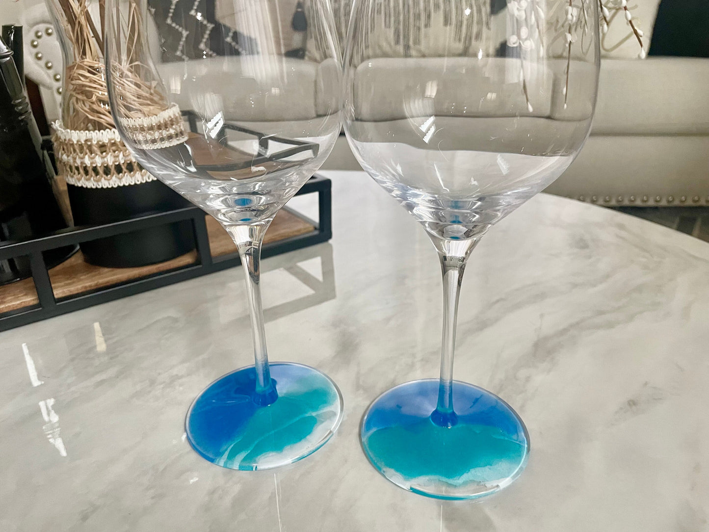 Decorated Wine Glass Gift Set: 2 Resin Ocean Wave Glasses, 1 Wine Bottle Stopper, and 2 Wine Glass Charms make a Beautiful Gift Made to Last