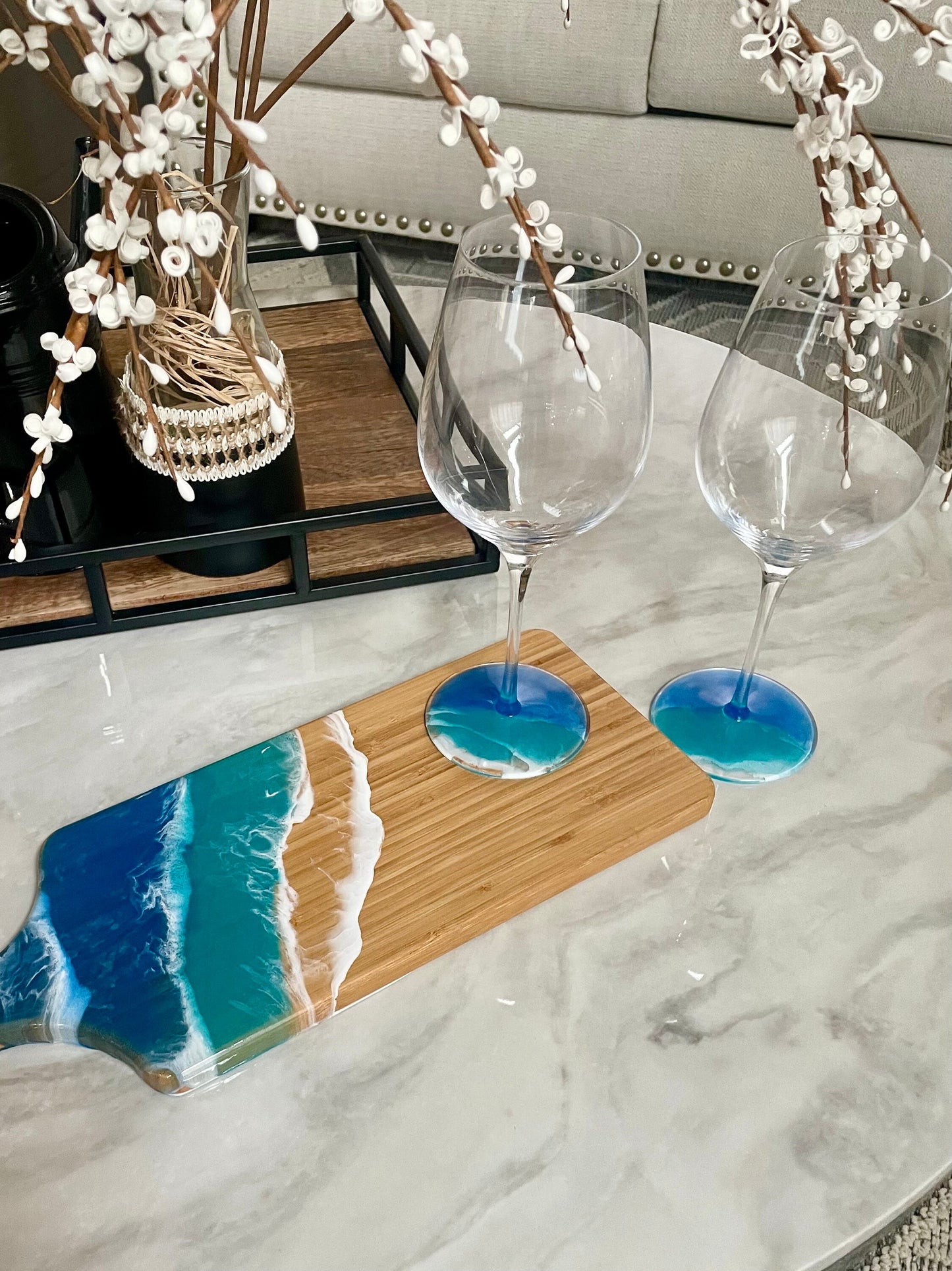 Decorated Wine Glass Gift Set: 2 Resin Ocean Wave Glasses, 1 Wine Bottle Stopper, and 2 Wine Glass Charms make a Beautiful Gift Made to Last