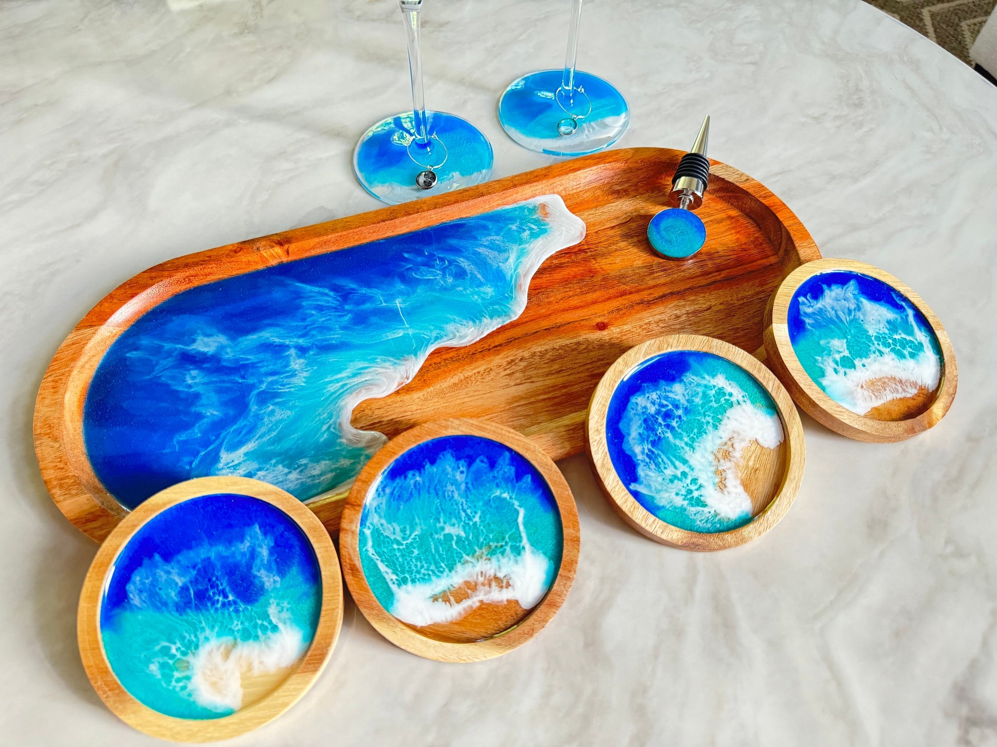 Nautical Serving Tray Set, Ocean Charcuterie Board, Coastal Wine Cheese Tray, Beach House Decor, Wine Coasters