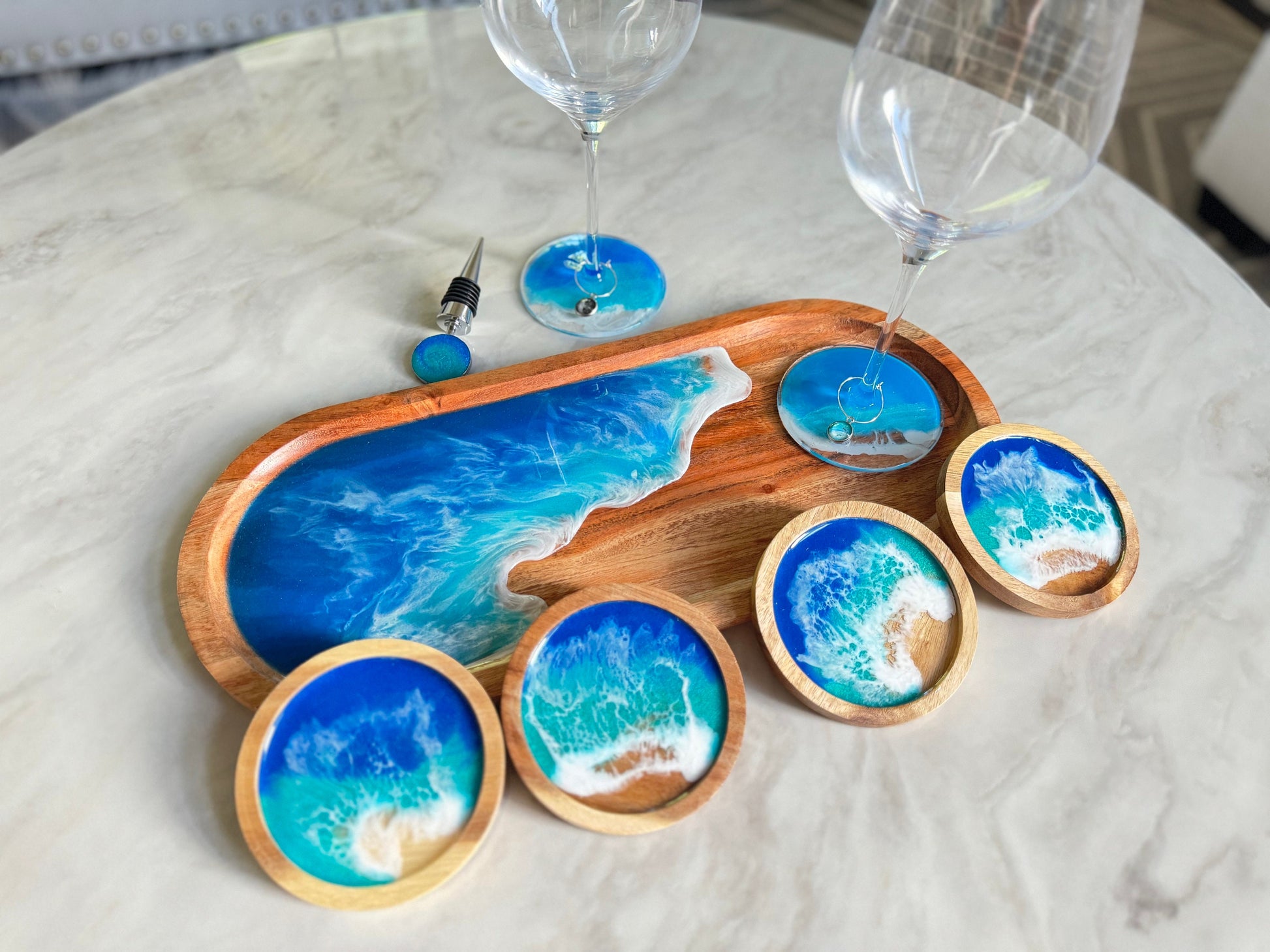 Nautical Serving Tray Set, Ocean Charcuterie Board, Coastal Wine Cheese Tray, Beach House Decor, Wine Coasters