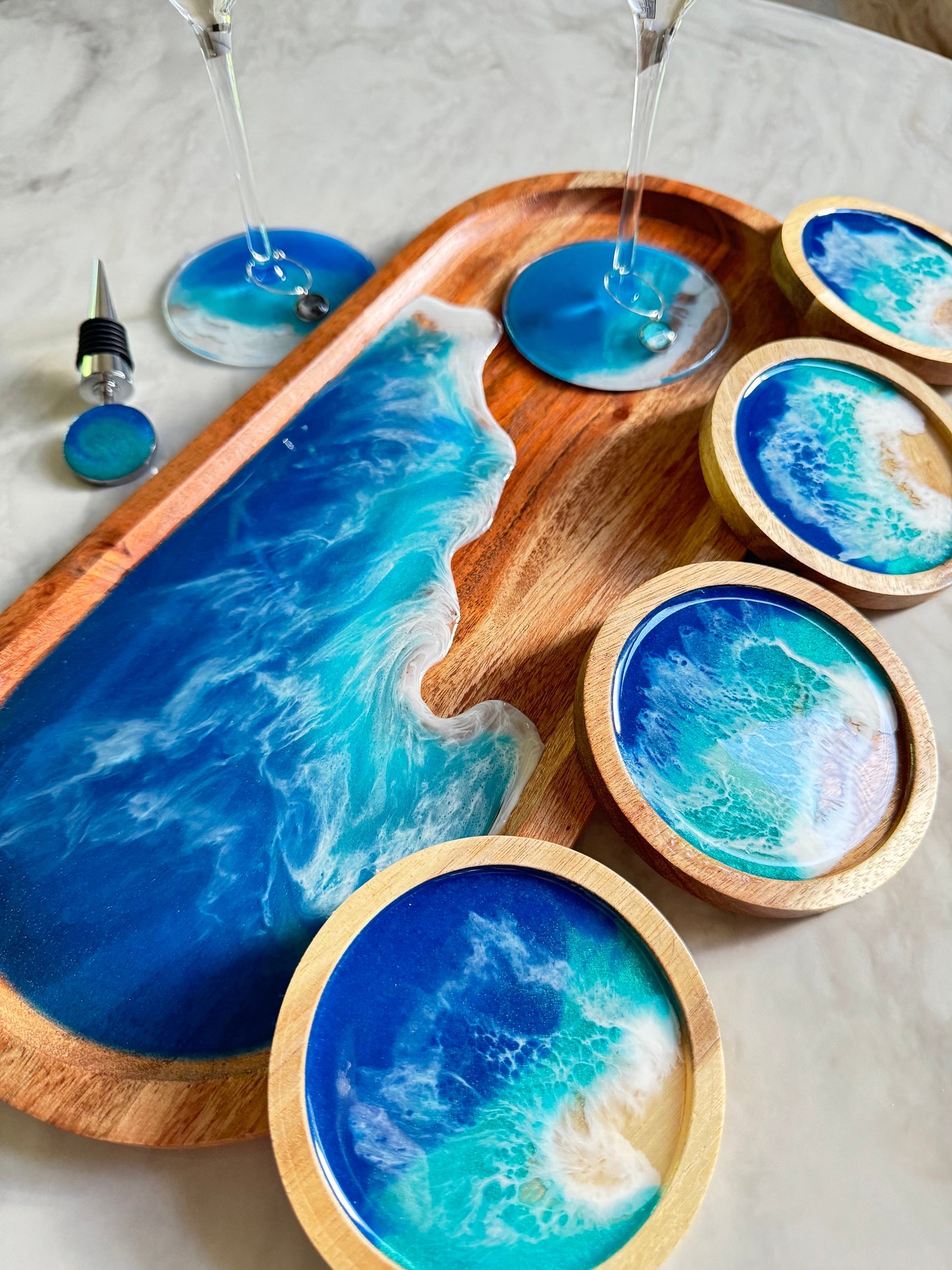 Nautical Serving Tray Set, Ocean Charcuterie Board, Coastal Wine Cheese Tray, Beach House Decor, Wine Coasters