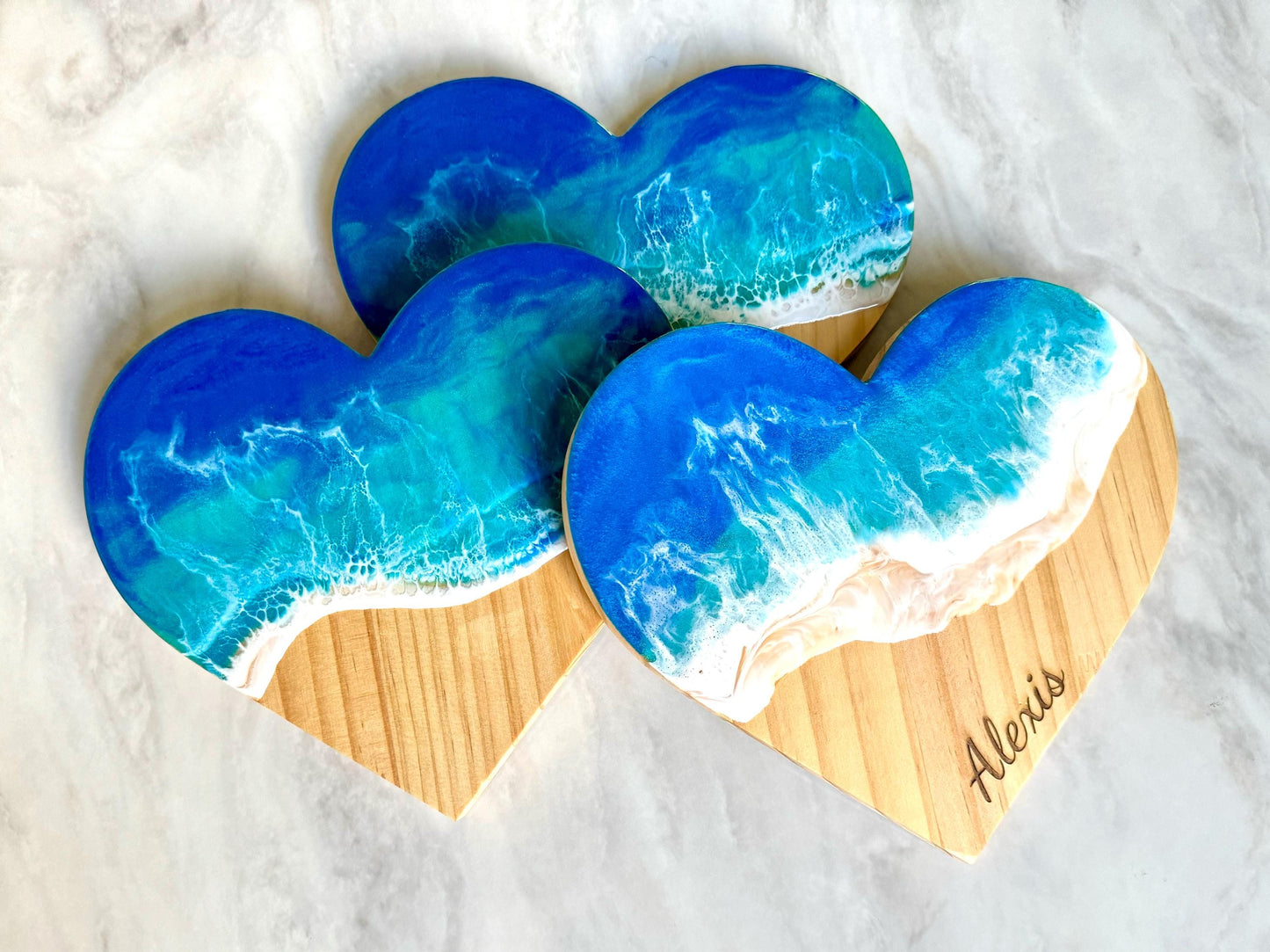 Personalized Wooden Heart Wall Art with Resin Ocean Wave, Custom Dorm Decor, Beach Name Sign, Handmade Coastal Art, Gift for Students