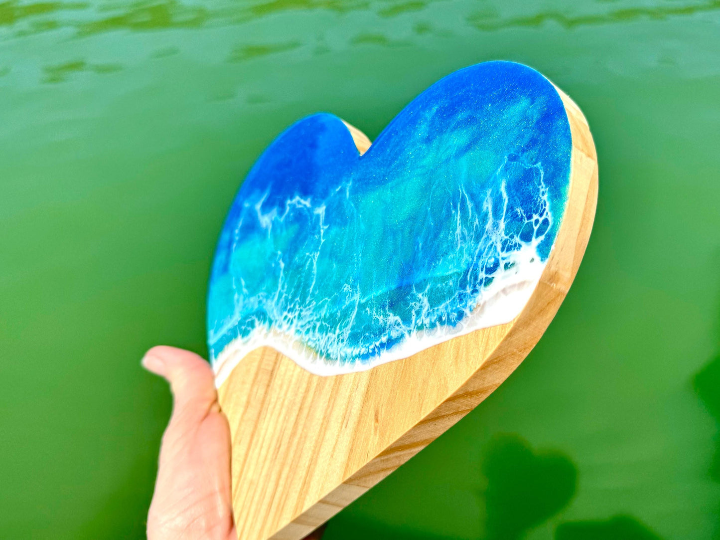 Personalized Wooden Heart Wall Art with Resin Ocean Wave, Custom Dorm Decor, Beach Name Sign, Handmade Coastal Art, Gift for Students