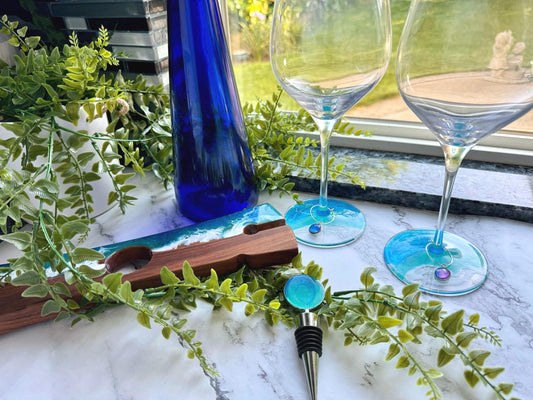 Decorated Wine Glass Gift Set: 2 Resin Ocean Wave Glasses, 1 Wine Bottle Stopper, and 2 Wine Glass Charms make a Beautiful Gift Made to Last