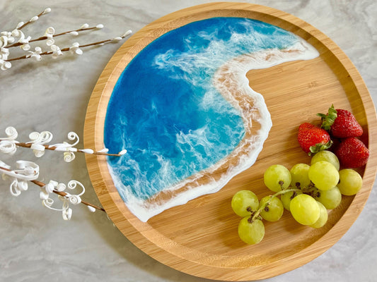 Round Coastal Serving Tray, 12 in Bamboo Beach Platter, Wooden Ocean Home Decor, Great Housewarming or New Home Gift for Beach Lover