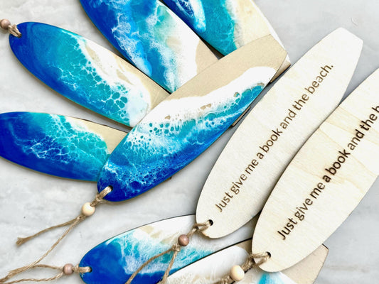 Personalized Surfboard Bookmark with Resin Ocean Waves for Ocean and Book Lover's, Name or Sentiment Laser Engraved, Coastal Bookmark