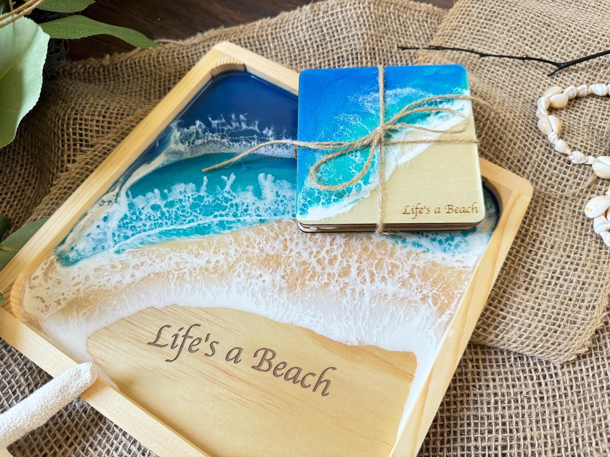 Life's A Beach Coaster Set of 2 or 4, Resin Ocean Wave Wood Beach Coasters, Handmade Coastal Decor, Housewarming New Home Gift, Hostess Gift