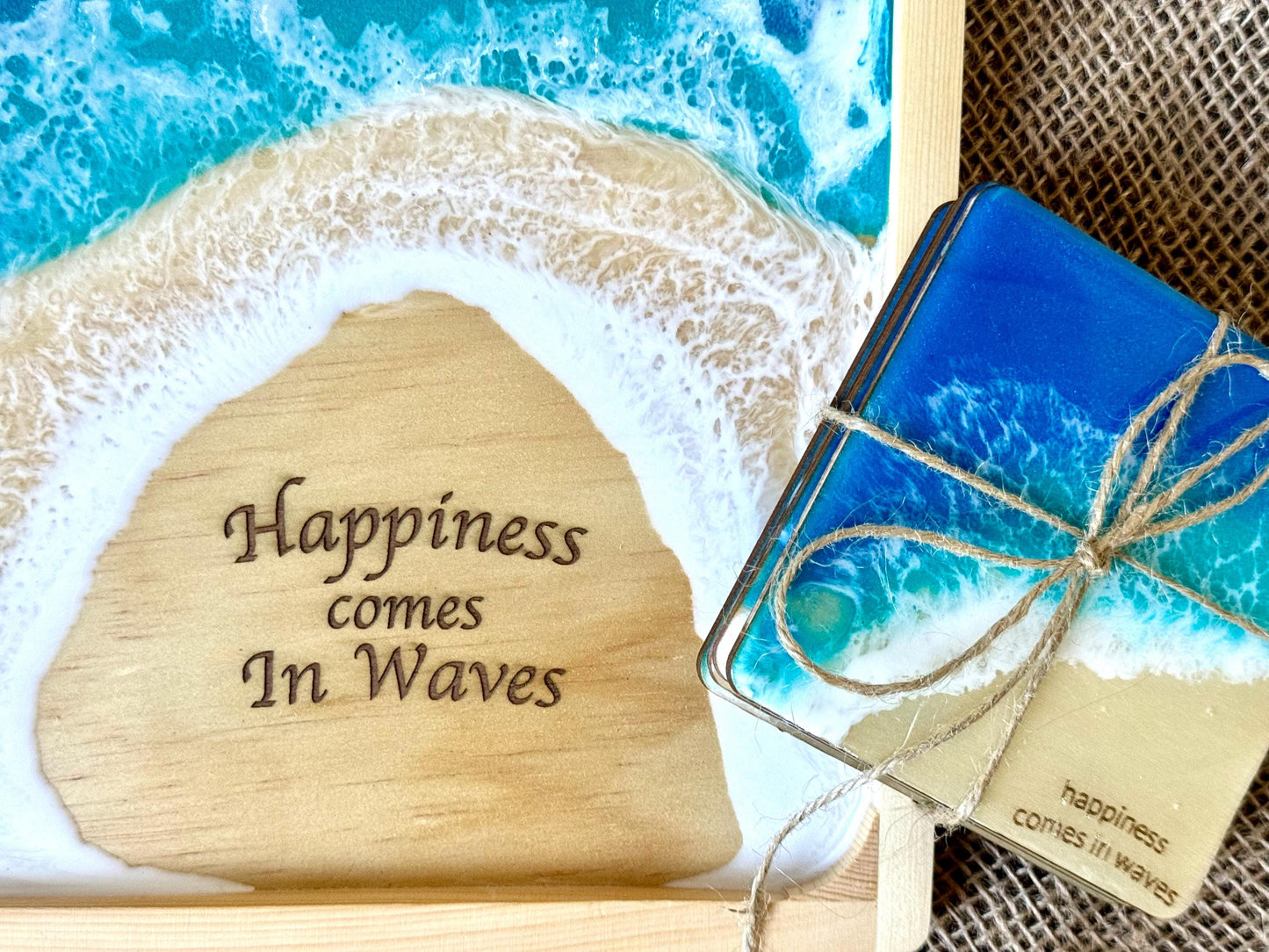 Happiness Comes in Waves Coaster Set, Resin Ocean Wave Wood Beach Coasters, Handmade Coastal Decor, Housewarming New Home Gift, Hostess Gift