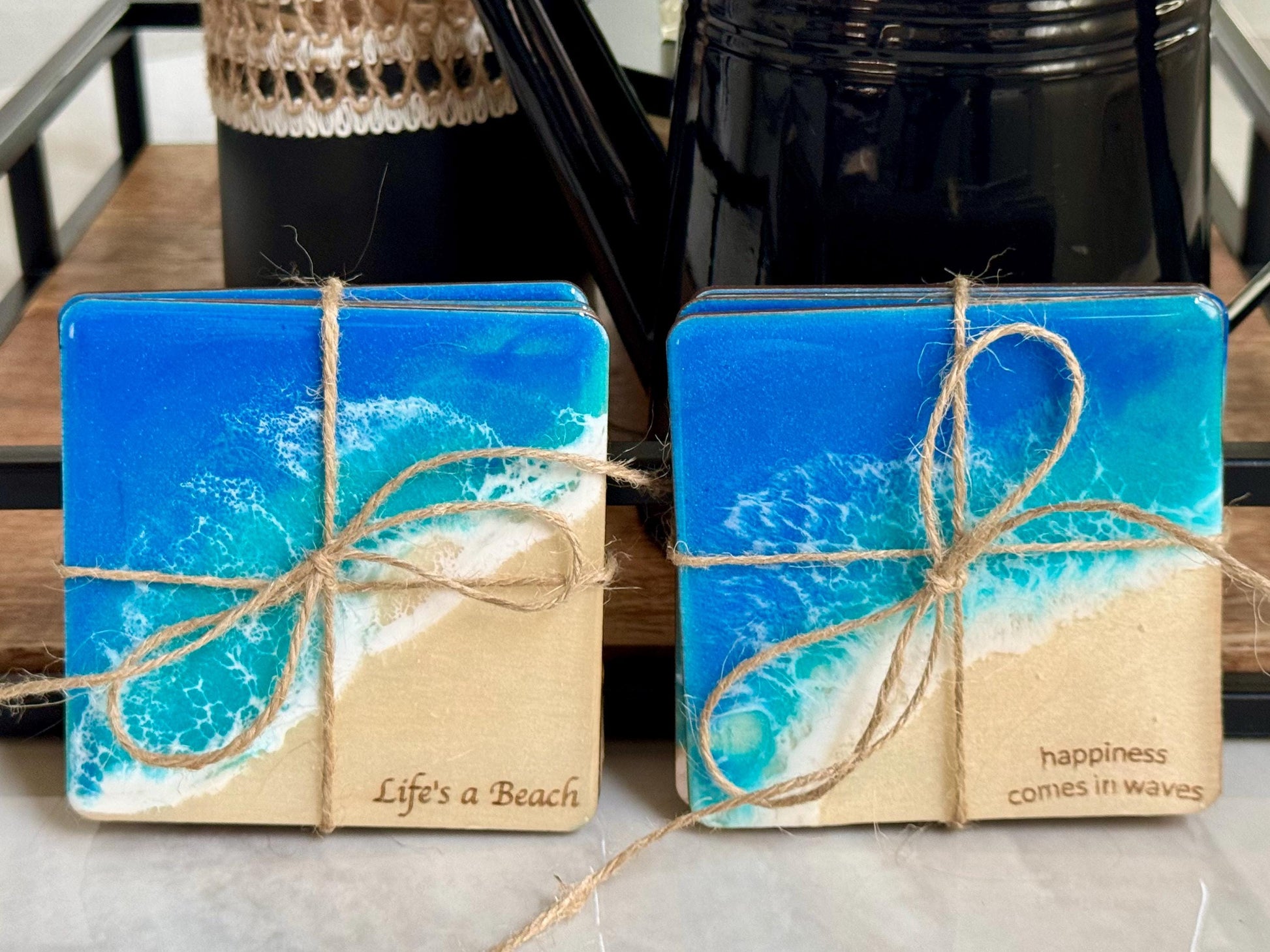 Happiness Comes in Waves Coaster Set, Resin Ocean Wave Wood Beach Coasters, Handmade Coastal Decor, Housewarming New Home Gift, Hostess Gift