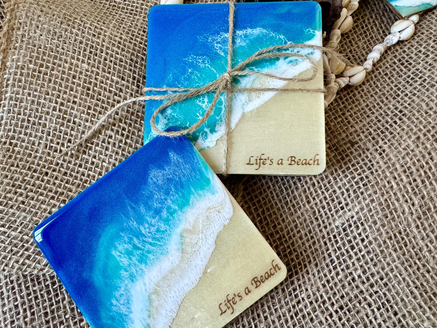 Life's A Beach Coaster Set of 2 or 4, Resin Ocean Wave Wood Beach Coasters, Handmade Coastal Decor, Housewarming New Home Gift, Hostess Gift