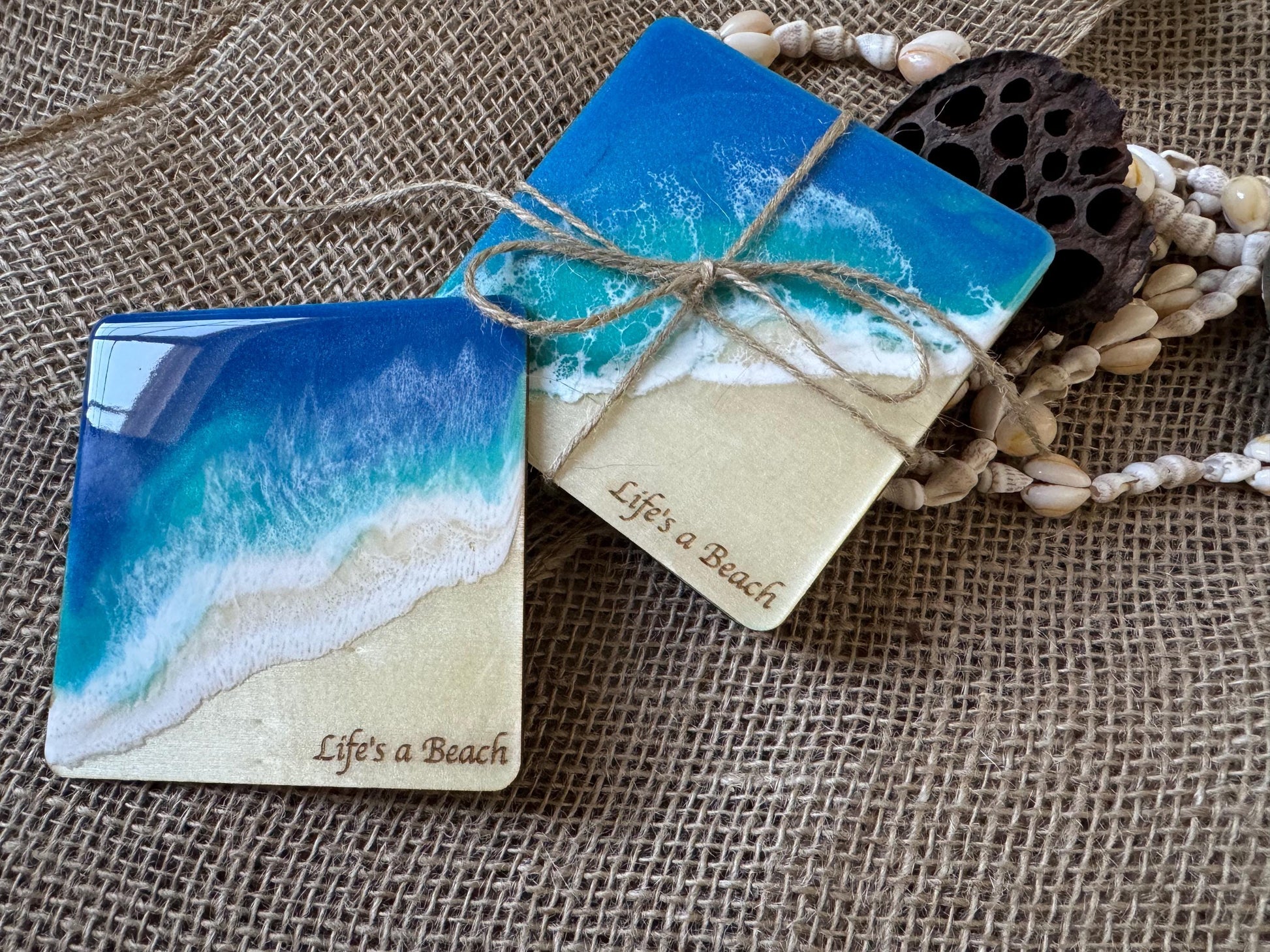 Life's A Beach Coaster Set of 2 or 4, Resin Ocean Wave Wood Beach Coasters, Handmade Coastal Decor, Housewarming New Home Gift, Hostess Gift