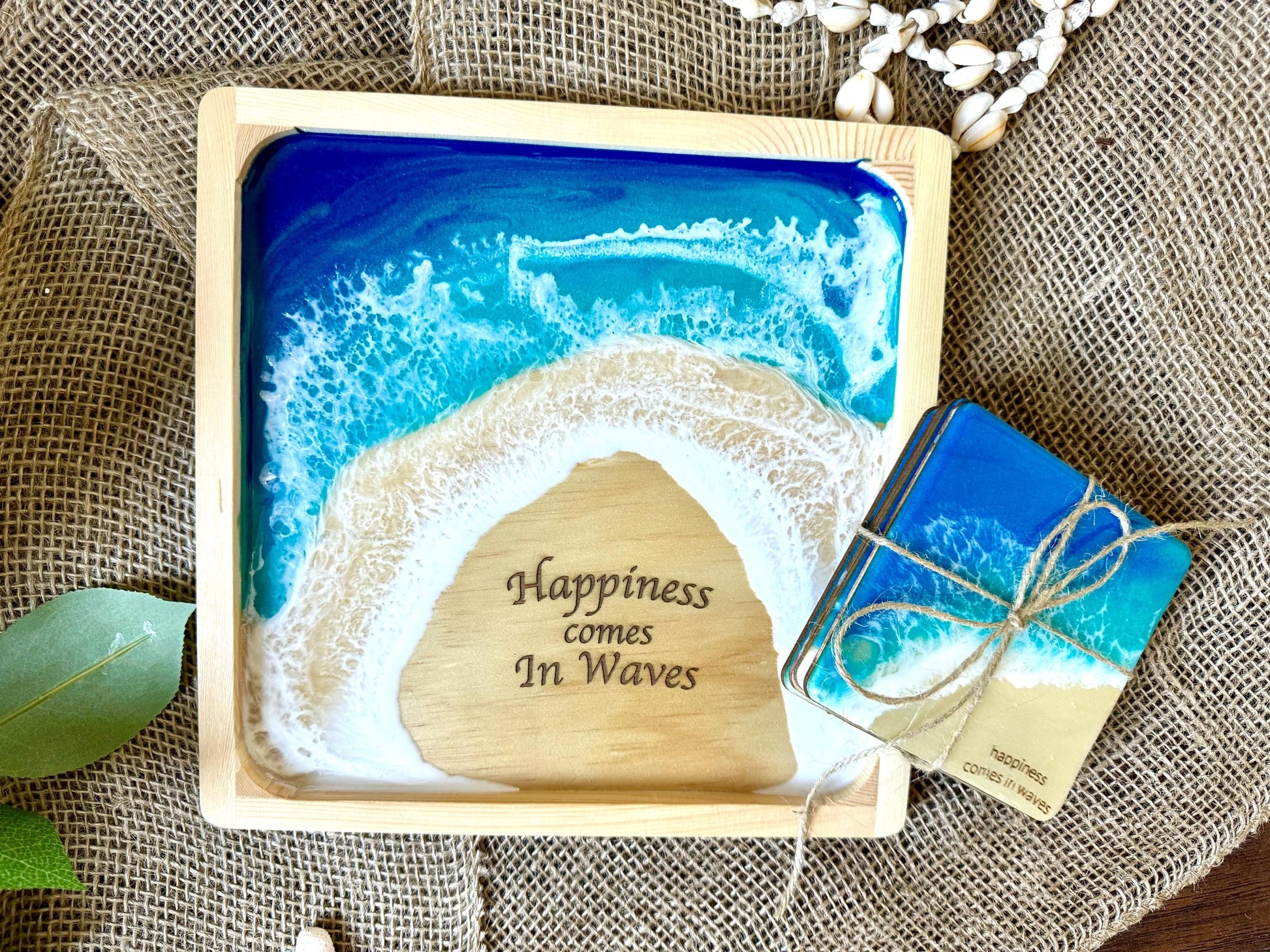 Happiness Comes in Waves Coaster Set, Resin Ocean Wave Wood Beach Coasters, Handmade Coastal Decor, Housewarming New Home Gift, Hostess Gift