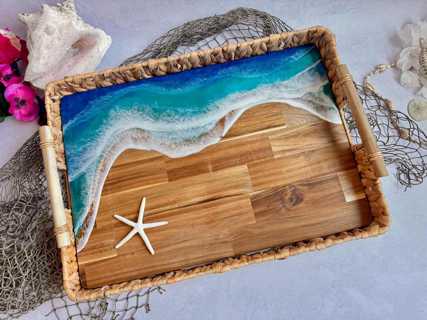 Large Ocean Wave Serving Tray With Handles, Coffee Table Tray, Realtor Closing New Home Gift, Tropical Wedding, Couple Beach Lover Gift