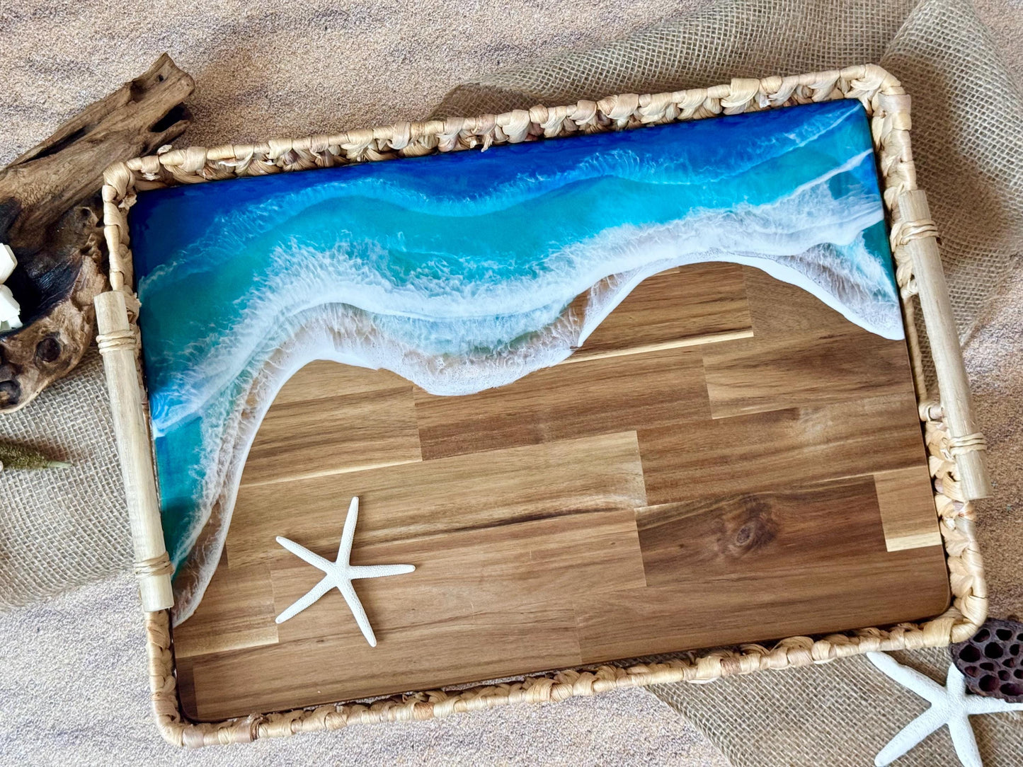 Large Ocean Wave Serving Tray With Handles, Coffee Table Tray, Realtor Closing New Home Gift, Tropical Wedding, Couple Beach Lover Gift