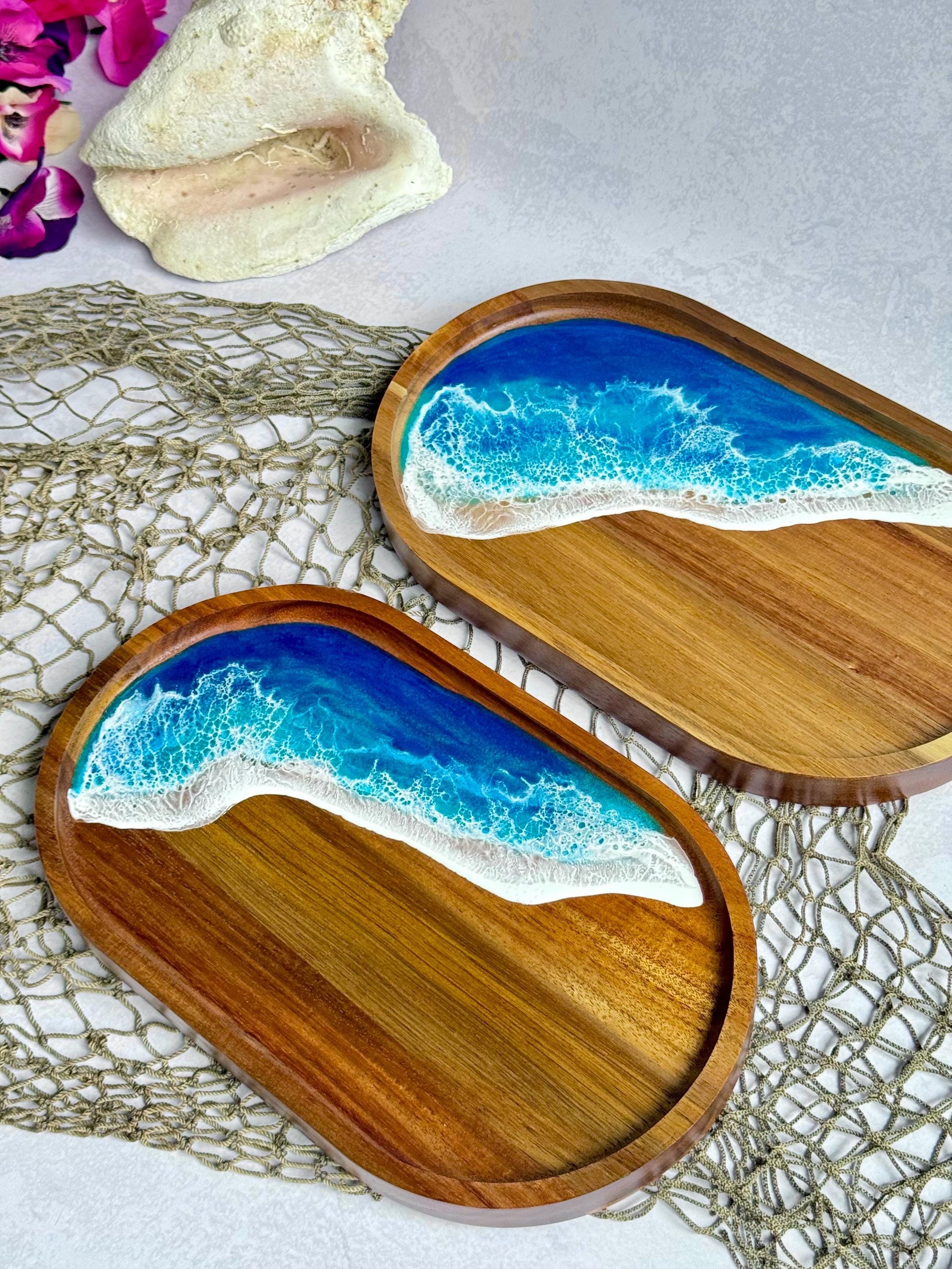 Ocean Wave Coastal Coffee Table Tray, Wood and Resin Beach Home Decor, Tropical Serving Tray, Trinket Tray, Housewarming Gift Beach Lover