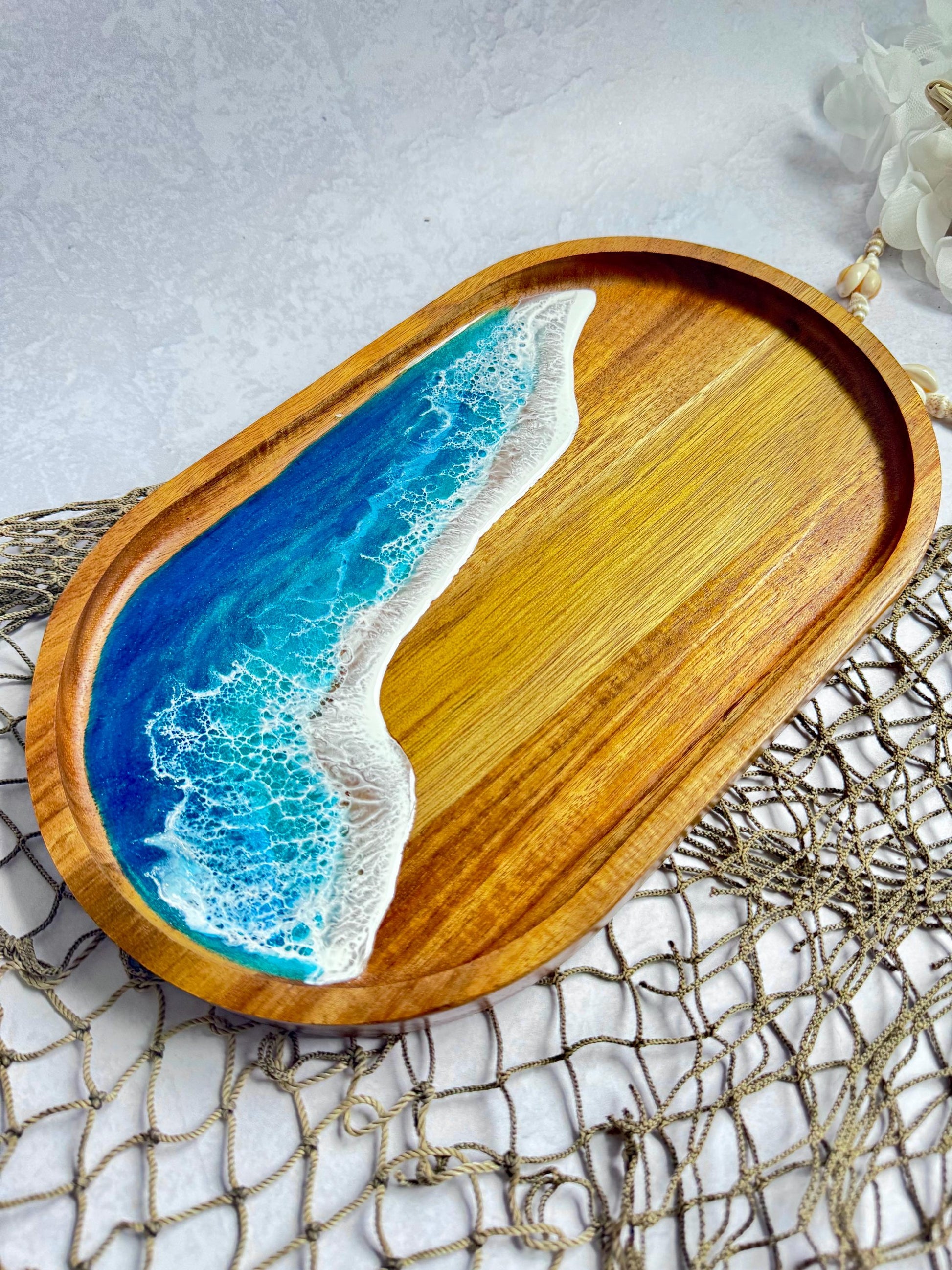 Ocean Wave Coastal Coffee Table Tray, Wood and Resin Beach Home Decor, Tropical Serving Tray, Trinket Tray, Housewarming Gift Beach Lover