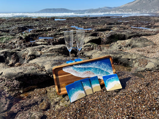 Beach Wedding Serving Tray Set with Coasters and Champagne Toasting Glasses, Coastal Home Decor, Ocean Lovers Party, Beach Party Host