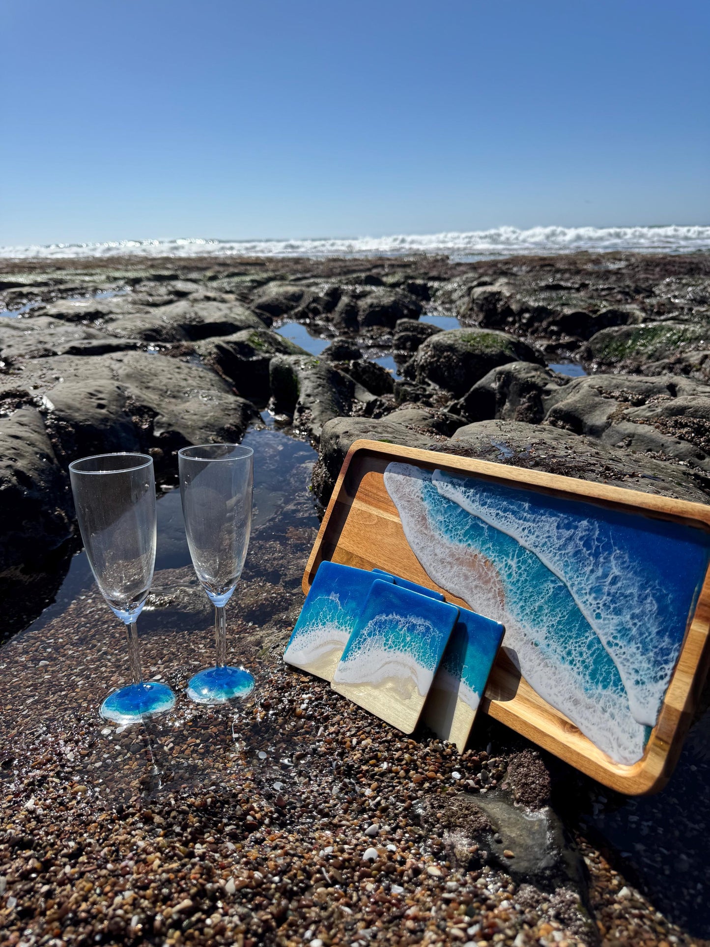 Coastal Serving Tray Set with Coasters and Champagne Glasses, Beach Home Decor, Ocean Lovers Party, Housewarming New Home Gift, Wedding Host