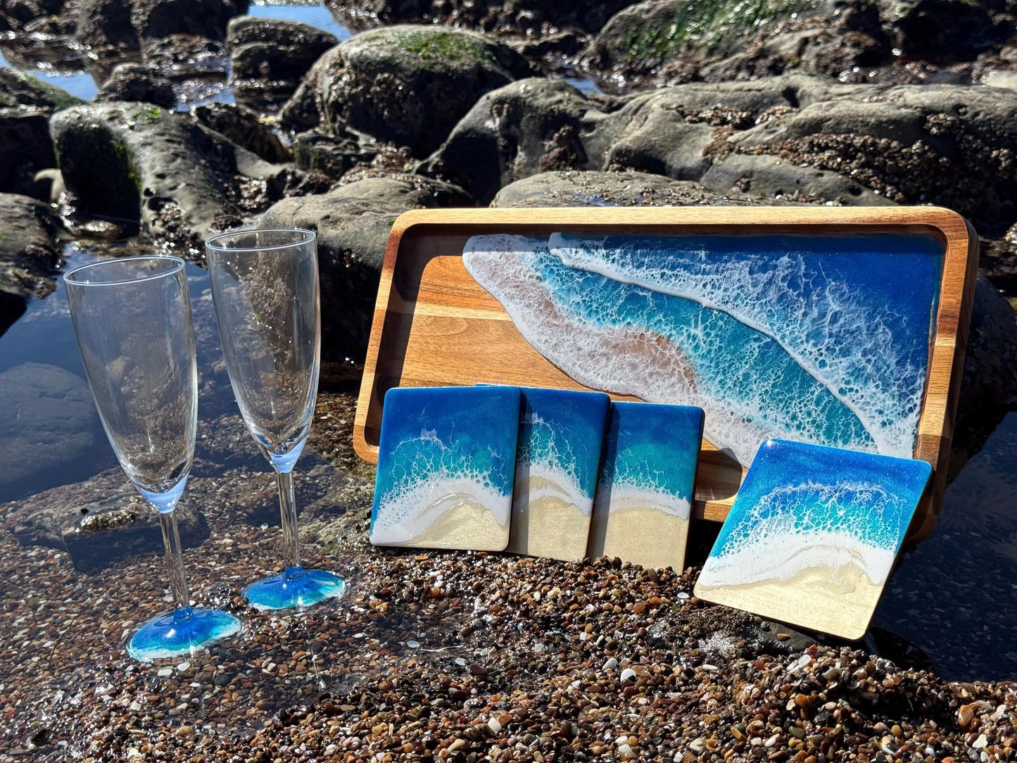 Coastal Serving Tray Set with Coasters and Champagne Glasses, Beach Home Decor, Ocean Lovers Party, Housewarming New Home Gift, Wedding Host