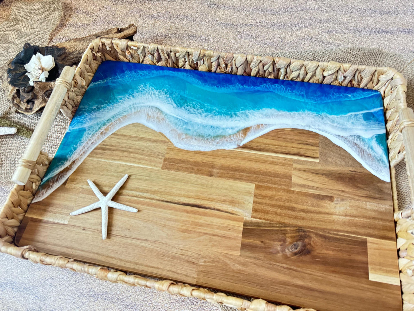 Large Ocean Wave Serving Tray With Handles, Coffee Table Tray, Realtor Closing New Home Gift, Tropical Wedding, Couple Beach Lover Gift