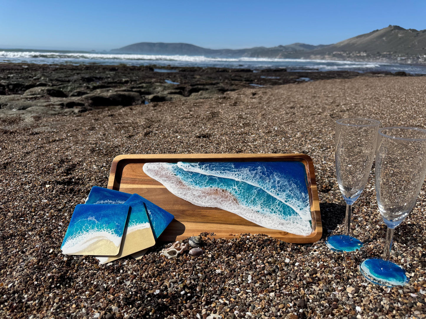 Coastal Serving Tray Set with Coasters and Champagne Glasses, Beach Home Decor, Ocean Lovers Party, Housewarming New Home Gift, Wedding Host