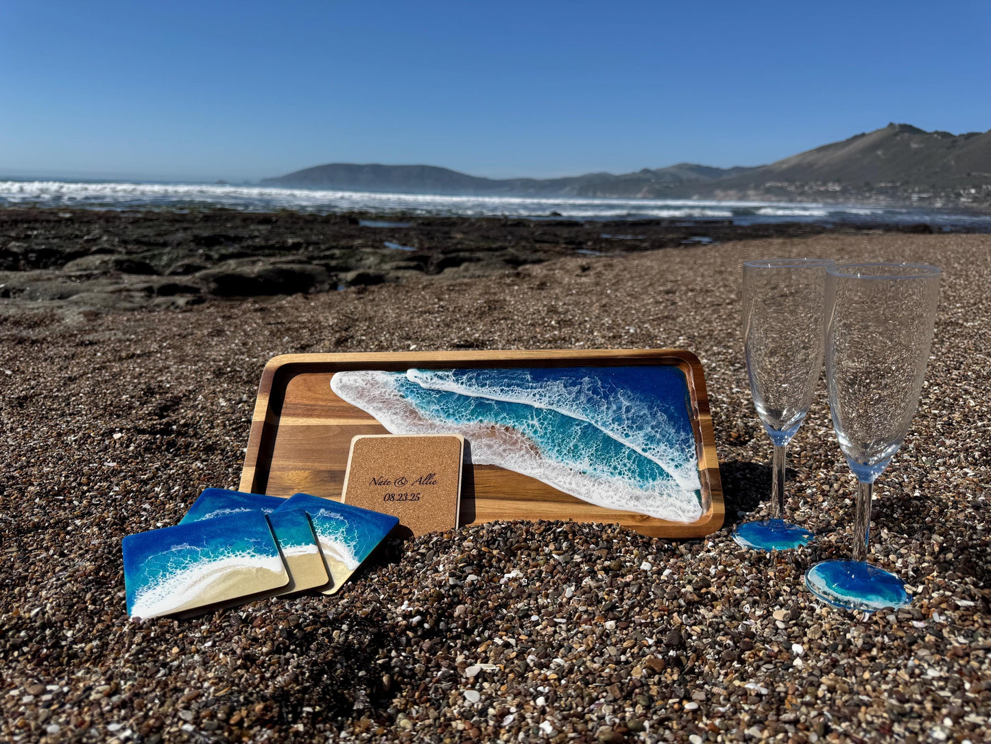 Coastal Serving Tray Set with Coasters and Champagne Glasses, Beach Home Decor, Ocean Lovers Party, Housewarming New Home Gift, Wedding Host