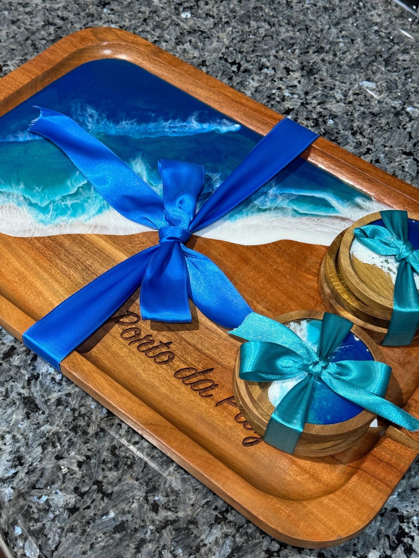 Coastal Serving Tray Set with Coasters and Champagne Glasses, Beach Home Decor, Ocean Lovers Party, Housewarming New Home Gift, Wedding Host