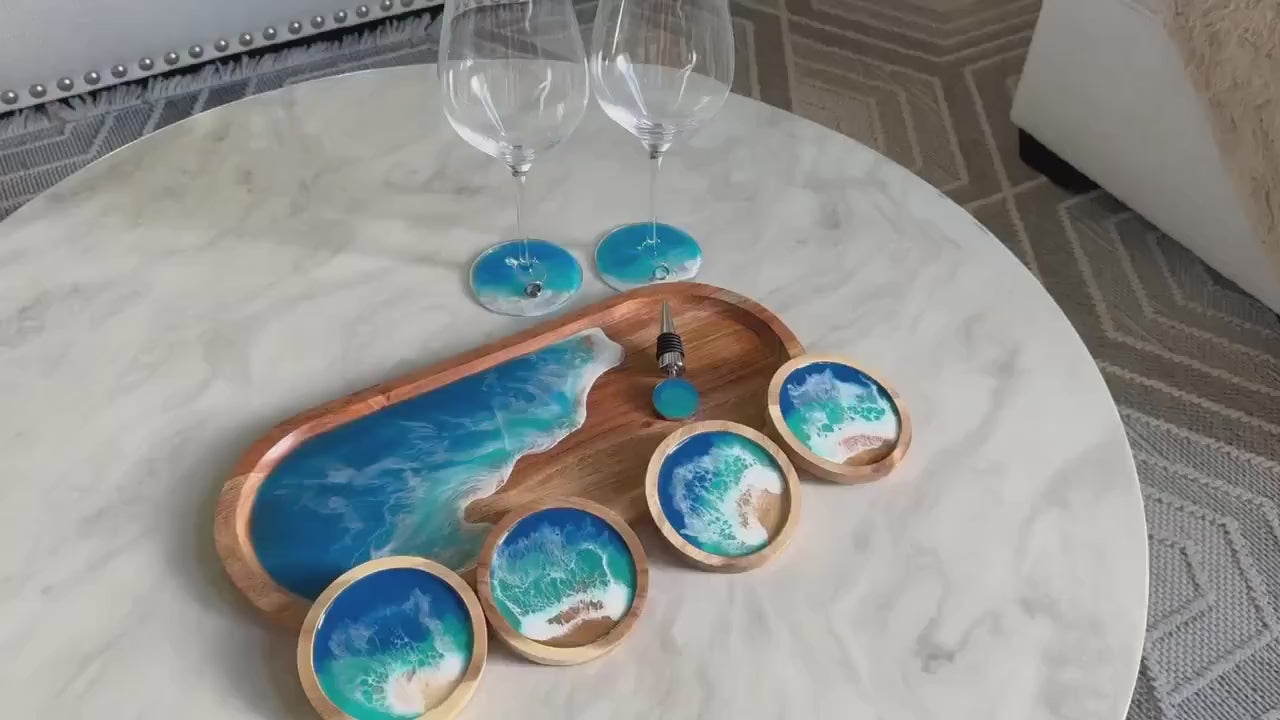 Nautical Serving Tray Set, Ocean Charcuterie Board, Coastal Wine Cheese Tray, Beach House Decor, Wine Coasters