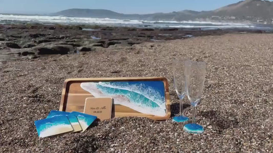Beach Wedding Serving Tray Set with Coasters and Champagne Toasting Glasses, Coastal Home Decor, Ocean Lovers Party, Beach Party Host