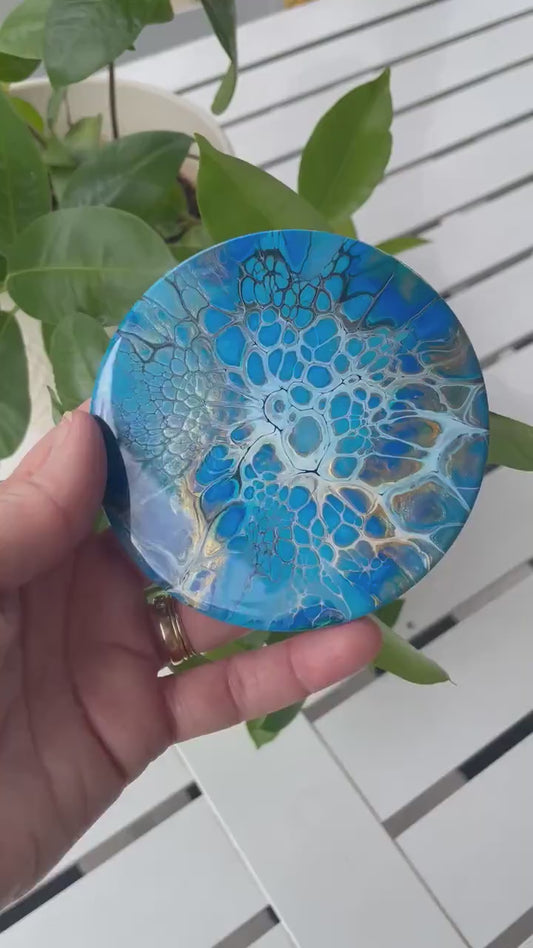 Round Glossy Ceramic Drink Coasters, Acrylic Pour Set of 4 Multi Colored, Heat Resistant