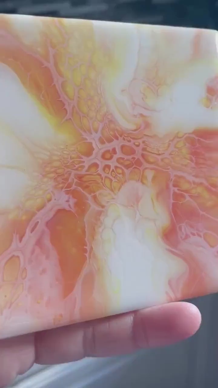 Glossy Ceramic Drink Coasters Acrylic Pour Coaster Set of 4 Orange Abstract Paint Pour Fluid Art Heat Resistant