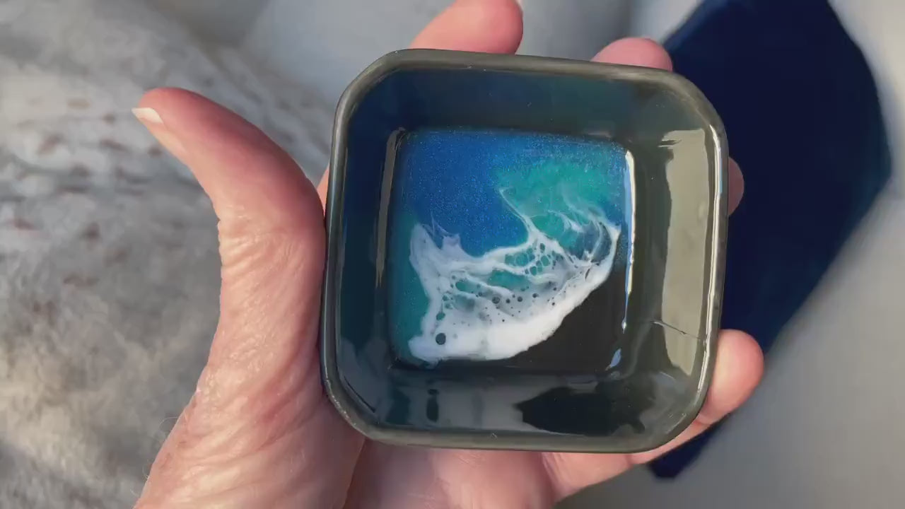 Ocean Wave Ring Dish, Jewelry Dish, Wedding Ring Gift, Anniversary Gift, Gift for Him, Trinket Tray, Black Square Ceramic Small Dish