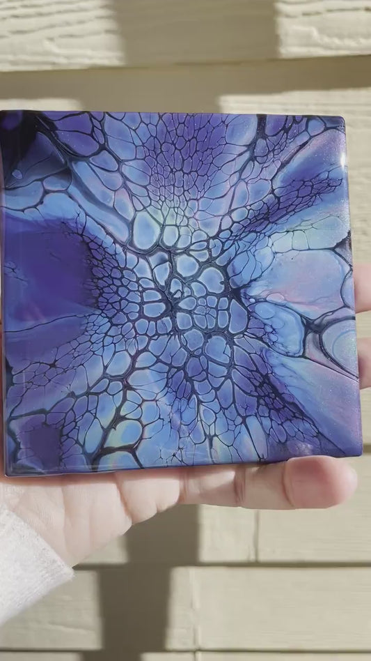 Glossy Ceramic Drink Coasters Acrylic Pour Set of 4 Multi Colored Heat Resistant