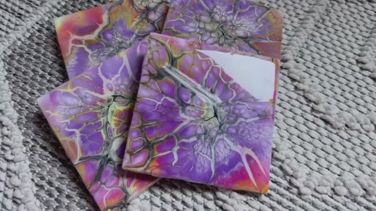 Colorful Painted Ceramic Coaster Set of 4, Handmade Wedding Gift, Unique Housewarming Gift, New Home Realtor Closing Gift, Fluid Art Coaster