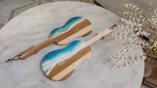 Coastal Home Decor, Ocean Wave Ukulele Cutting Board, Cheese & Beach Lover Gift, Tropical Hawaii Inspired Housewarming, Realtor Closing Gift