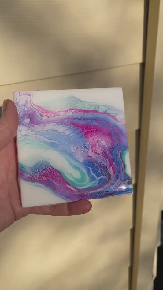 Square Ceramic Coaster Set of 2 With Cork Backing and Glossy Epoxy, Abstract Acrylic Art, Paint Pour Drink Coasters