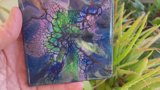 Ceramic Acrylic Pour Coasters, Set of 2 Abstract Paint Pour Fluid Art  Drink Coasters, Glossy, Heat Resistant